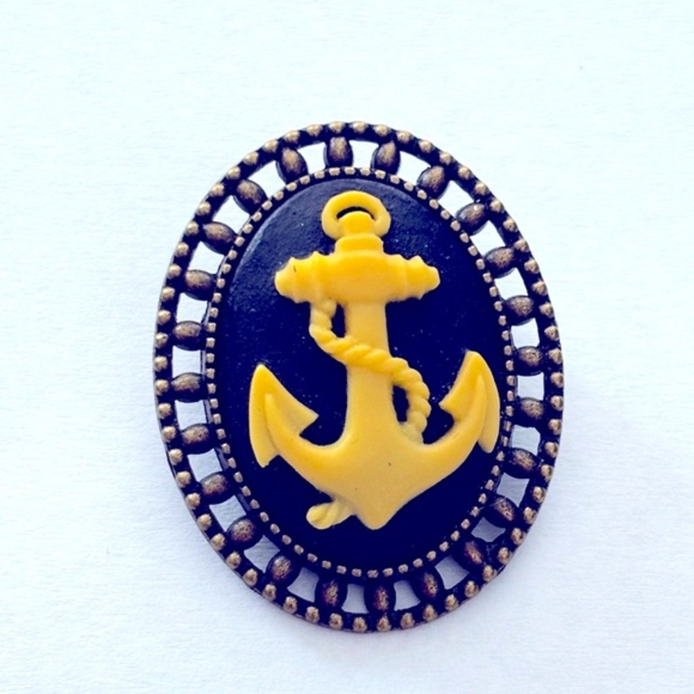 Black and Yellow Anchor Cameo Brooch, Handmade, NWT, Nautical Theme